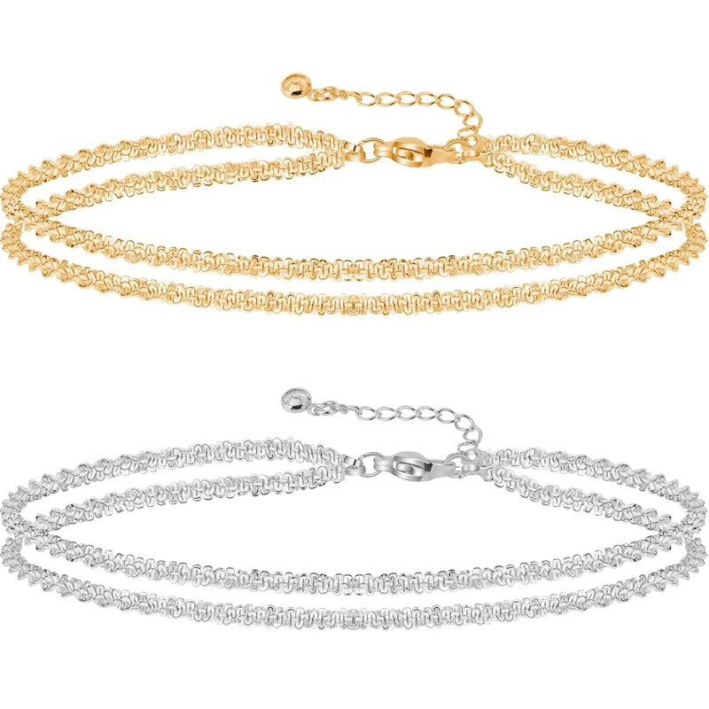 2pcs Gold/Silver Anklets for Women Waterproof, 14k Gold/Silver Plated Stainless Steel Sparking Bling Bling Summer Jewelry Gift