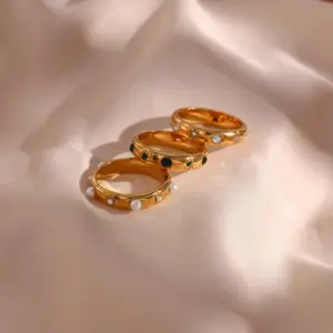 E.B.belle 18K Gold Plated Green Zircon Pearl Rings For Women Waterproof Hypoallergenic Dainty Gold Ring Stainless Steel Jewelry
