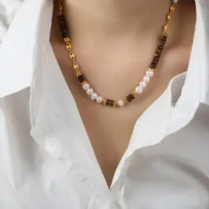 Tiger Eye Stone Splice Freshwater Pearl Beaded Chain Necklace Bracelet Stainless Steel Neck Chains Necklaces Bracelets For Women