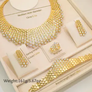 GZJPEI 4Piece Luxury White Zircon Jewelry Set Necklace Earring Bracelet Ring Gold Plated Electroplating Dubai Banquet For Women