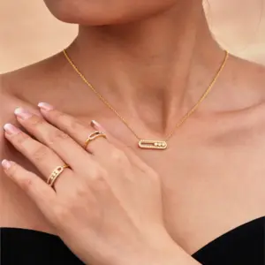 Tiny Chain Necklace for Women 18k Gold Plated Stainless Steel Necklace Dainty Zircon Pendant Necklaces Matching Ring Jewelry Set