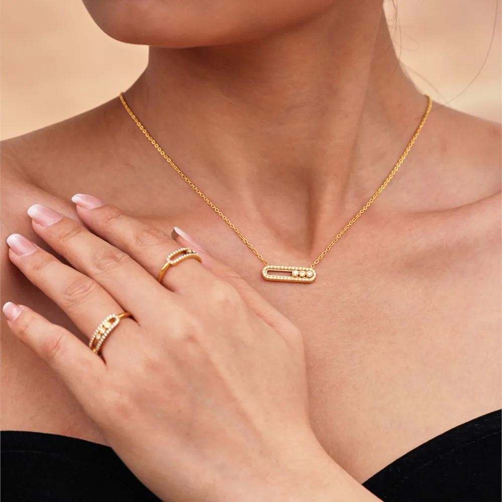 Tiny Chain Necklace for Women 18k Gold Plated Stainless Steel Necklace Dainty Zircon Pendant Necklaces Matching Ring Jewelry Set
