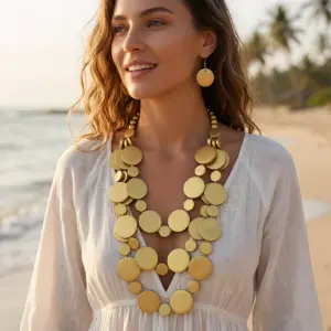 Summer Beach Vacation Jewelry Set Bohemian Round Wooden Bead Handmade Beaded Multilayer Long Necklace And Earrings For Women