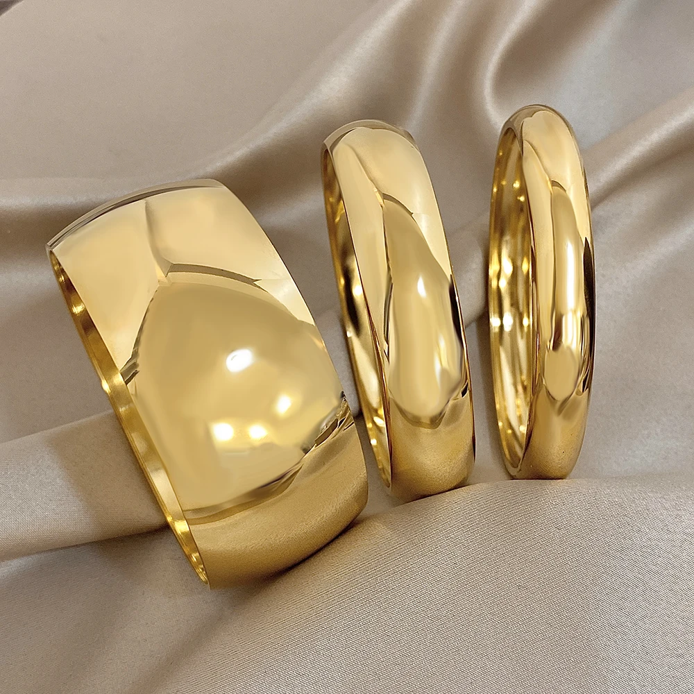 Glossy Gold Plated Stainless Steel Bracelet for Women Men Fashion 10 15 30mm Size Chunky Smooth Cuff Bangles Waterproof Jewelry