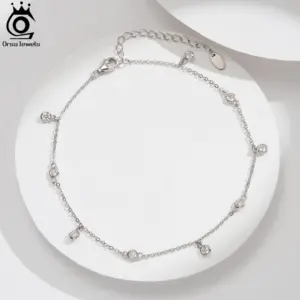 ORSA JEWELS 14K Gold 925 Sterling Silver Brilliant Zircon Stone Anklet for Women Adjustable Summer Foot Chains Jewelry SA70