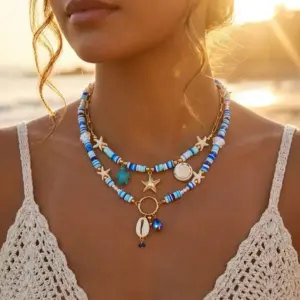 Bohemain Vintage Shell Starfish Turtle Multilayer Necklace for Women Ethnic Handmade Blue Beaded Necklaces Summer Beach Jewelry