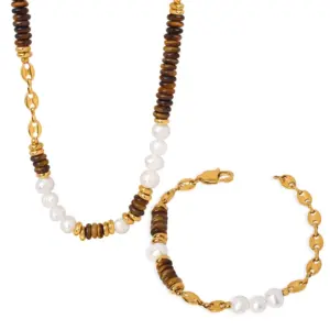 Tiger Eye Stone Splice Freshwater Pearl Beaded Chain Necklace Bracelet Stainless Steel Neck Chains Necklaces Bracelets For Women