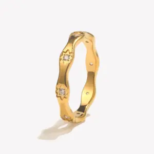 E.B.belle Rhinestone Eight Awn Star Wave Shape Ring Stainless Steel 18k Gold Plated Exquisite Women Jewelry For Party Dating