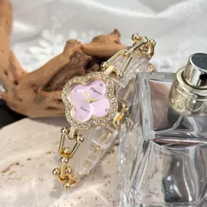 Lucky Four-Leaf Clover Design Watches for Women, Featuring Gold Chains and Gem - Studded Bezels