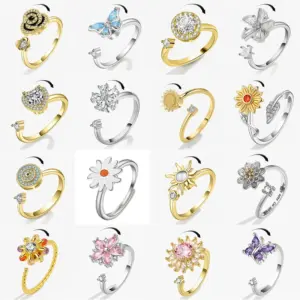 Luxury Butterfly Sunflower Fidget Spinner Ring Anxiety for Women Crystal Flower Anxiety Finger Rings Anti Stress Wedding Jewerly