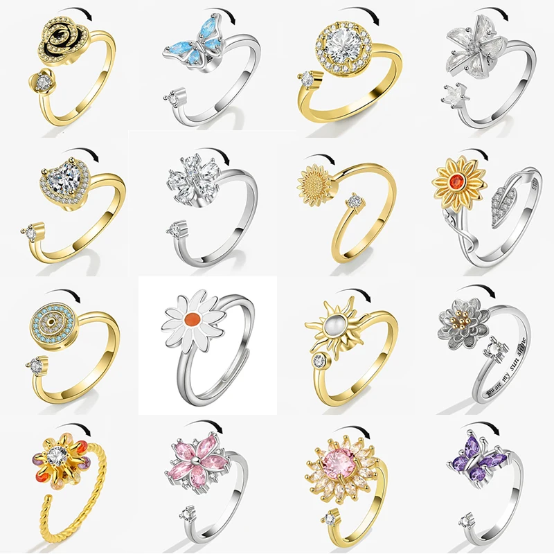 Luxury Butterfly Sunflower Fidget Spinner Ring Anxiety for Women Crystal Flower Anxiety Finger Rings Anti Stress Wedding Jewerly