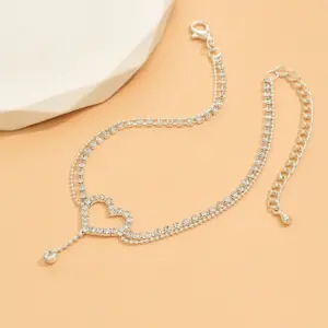 Shiny Bling Heart Drop Tassel Charm Double Layer Anklet Women Beach Foot Chain Vacation Jewelry Summer