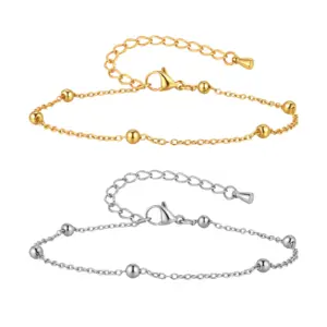 Boho Beaded Ball Ankle Chain Bracelets for Women, Gold Plated Stainless Steel Anklet, Summer Beach Waterproof Foot Jewelry Gift