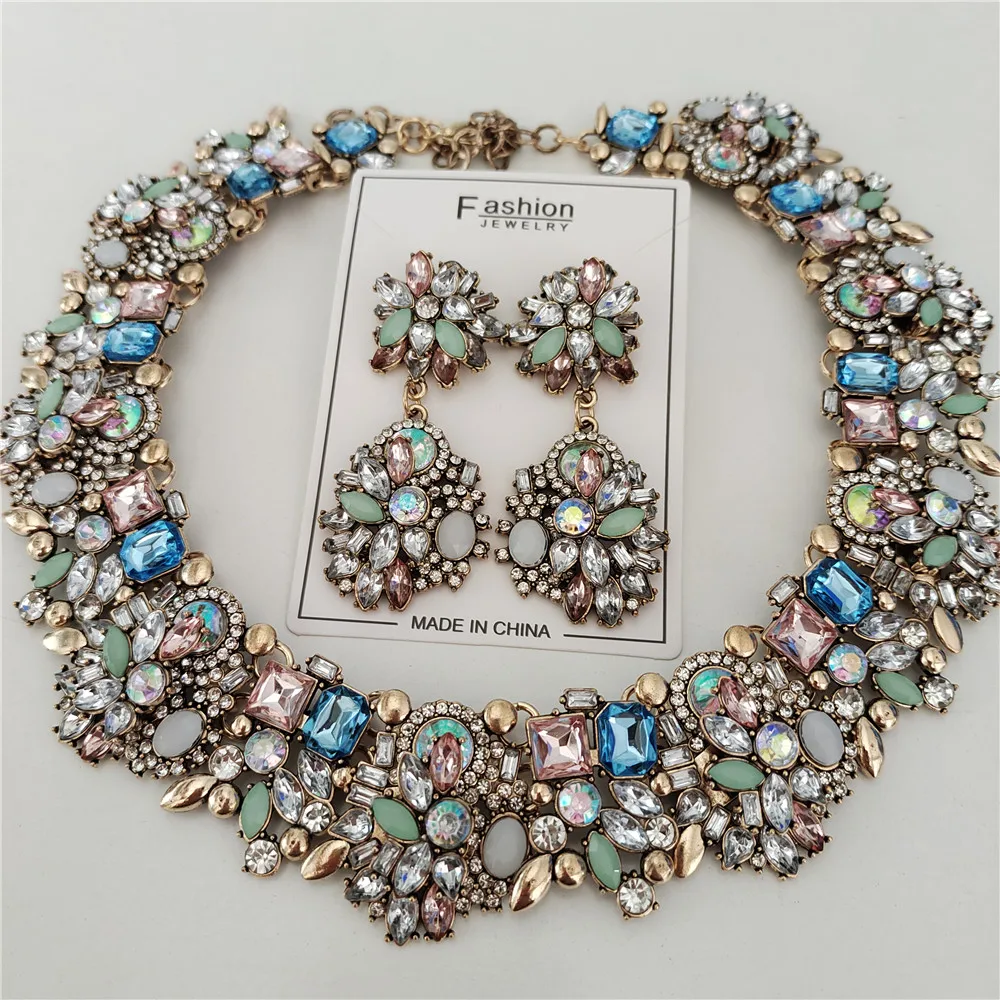 2026 New Fashion Crystal Rhinestones Large Collar Choker Necklace Earrings Women Jewelry Sets Indian Statement Wedding Necklace