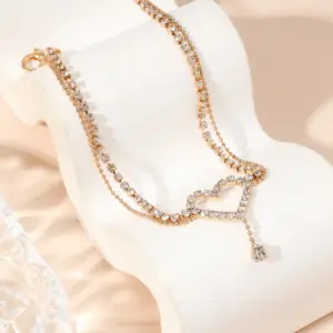 Shiny Bling Heart Drop Tassel Charm Double Layer Anklet Women Beach Foot Chain Vacation Jewelry Summer