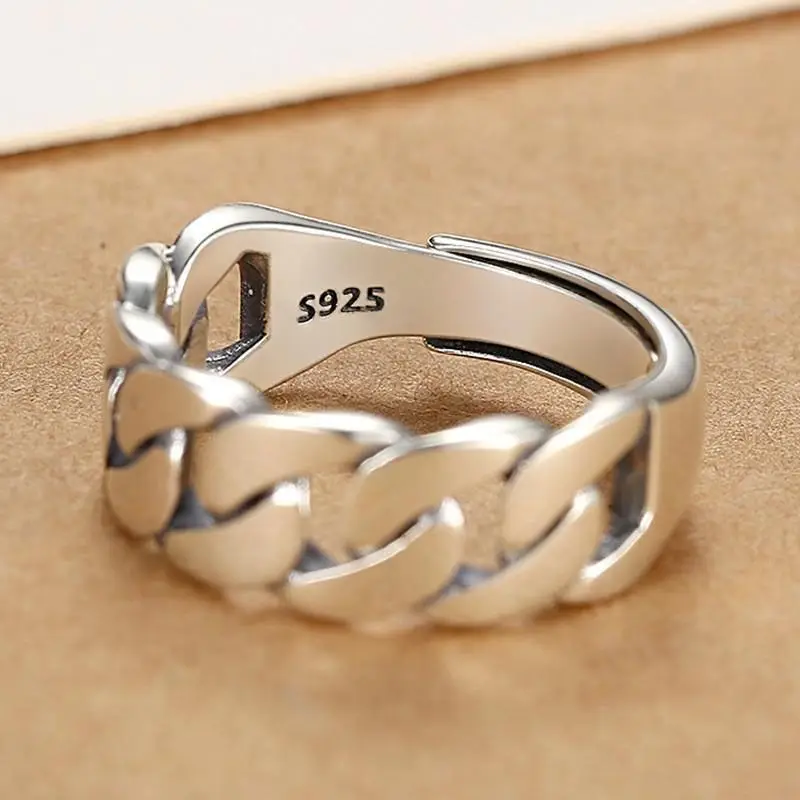 Sam Panda 925 Sterling Silver Rings For Women Men Fine Jewelry Finger Adjustable Open Vintage Chain Ring For Party Birthday Gift