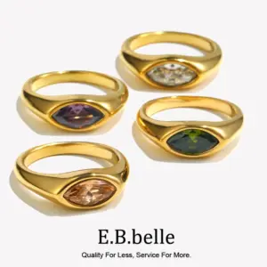 E.B.belle Horse Eye Zircon Seal Ring Colorful Hypoallergenic 316L Stainless Steel Decoration 18K Gold Plated Jewelry