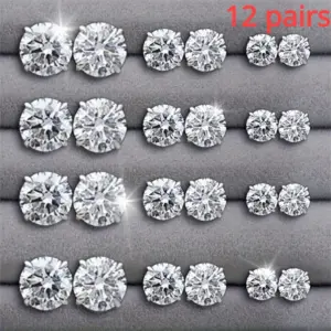 12 Pairs Set Stainless Steel Silver Color CZ Stud Earrings with Gemstone Buds Round Earrings Jewelry Accessories Unisex