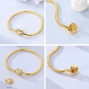 Original Bracelet 925 Sterling Silver Charm Bracelet 17-20CM Golden Heart Love Key Snowflake Bracelet Bangle Women Jewelry Gift