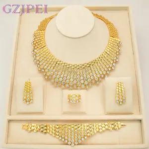GZJPEI 4Piece Luxury White Zircon Jewelry Set Necklace Earring Bracelet Ring Gold Plated Electroplating Dubai Banquet For Women