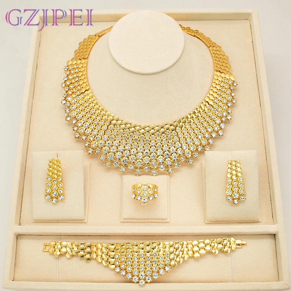 GZJPEI 4Piece Luxury White Zircon Jewelry Set Necklace Earring Bracelet Ring Gold Plated Electroplating Dubai Banquet For Women