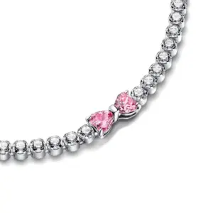 2025 Valentine New 925 Silver Pink Bow Full Diamond Bracelet Original 17-20CM Fit DIY Charm Women Birthday Jewelry Gifts