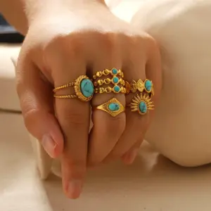18k Gold Plated Turquoise Swirl Marks Wide Opening Stainless Steel Rings For Women Jewelry