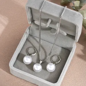 LATS 3 Pcs/Set Round Pearl Pendant Necklace For Women Exquisite Fashion Rhinestone Double Earring Wedding Jewelry Set Gift