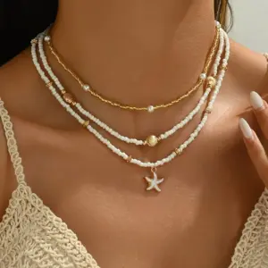 Bohemian Handmade Bead Stacked Choker Delicate Starfish Shell Pendant Necklace Women's Summer Beach Party Vacation Jewelry