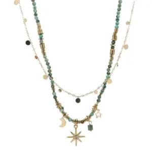 ZAKOL Vintage Bohemian Style Stone Beads Necklace for Women Charm Mang Star Pendant Stacked Clavicle Chain Fashion Jewelry Gifts
