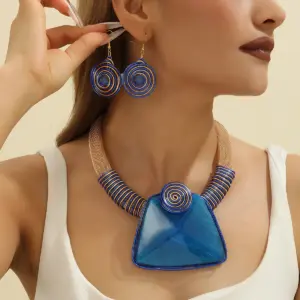 New Design Trendy Jewelry Set Geometric Square Big Resin Gems Aluminum Wire Woven Statement Necklace Earrings For Women
