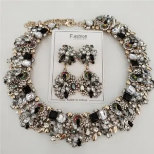 2026 New Fashion Crystal Rhinestones Large Collar Choker Necklace Earrings Women Jewelry Sets Indian Statement Wedding Necklace