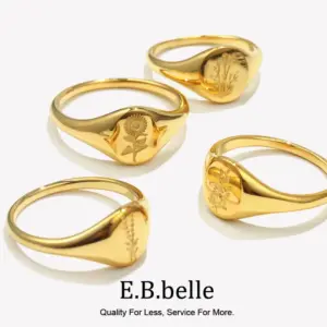 E.B.belle Tarnish Free Stainless Steel 18k Gold Plated Engraving Wildflower Tea Leaf Lavender Sunflower Signet Rings For Women