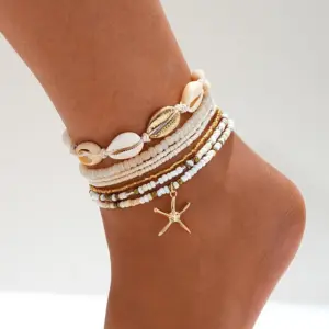 Summer Ankle Bracelet Set for Women, Gold Plated Boho Bead Adjustable Anklet, Hawaiian Beach Shell Starfish Foot Jewelry Gifts