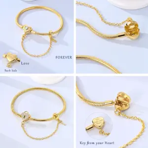Original Bracelet 925 Sterling Silver Charm Bracelet 17-20CM Golden Heart Love Key Snowflake Bracelet Bangle Women Jewelry Gift