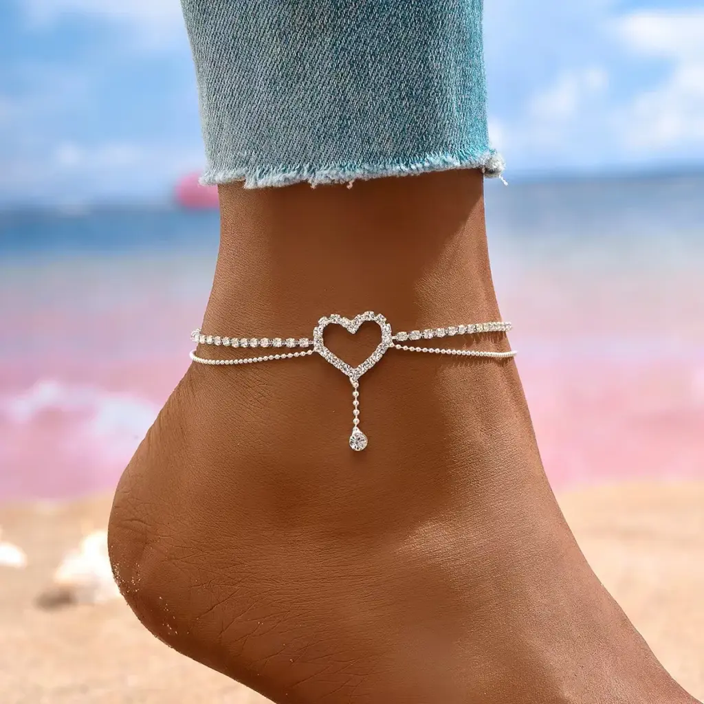 Shiny Bling Heart Drop Tassel Charm Double Layer Anklet Women Beach Foot Chain Vacation Jewelry Summer