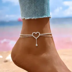 Shiny Bling Heart Drop Tassel Charm Double Layer Anklet Women Beach Foot Chain Vacation Jewelry Summer