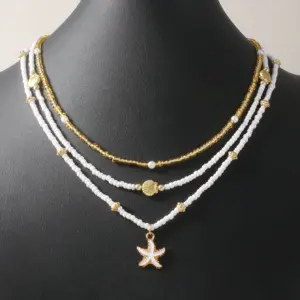 Bohemian Handmade Bead Stacked Choker Delicate Starfish Shell Pendant Necklace Women's Summer Beach Party Vacation Jewelry