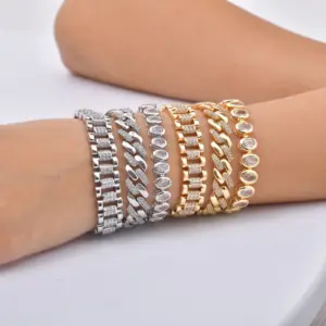 Paperclip Chain Bracelet 14K Gold Plated Cubic Zirconia Watch Strap Chunky Link Adjustable Stackable Jewelry For Women Girl Gift