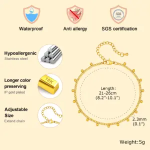 Ball Anklet Bracelet Stainless Steel Non-tarnish Waterproof Adjustable Beach Bead Cuban Link Summer Boho Foot Jewelry for Women