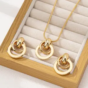 3pcs Elegant Vintage Jewelry Set for Women Metal Geometric Circle Necklace Golden Choker Bridal Wedding Bracelet Party Gift