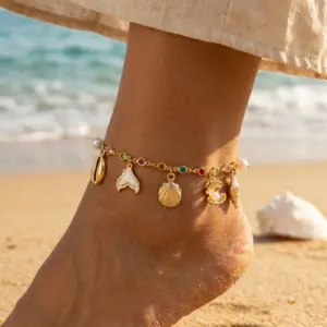 Colorful Crystal Zircon Metal Chain Anklets for Women Bohemia Starfish Shell Conch Tassel Bracelet On The Foot Beach Jewelry