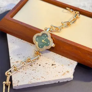 Lucky Four-Leaf Clover Design Watches for Women, Featuring Gold Chains and Gem - Studded Bezels