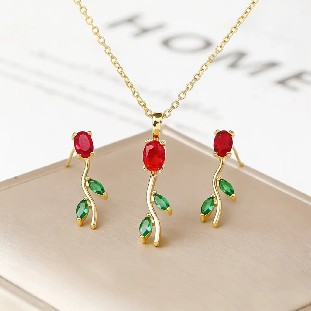2PCS Sparkling Crystal Zircon Rose Flower Earrings Necklace Jewelry Set Elegant for Women Girls New Trend Party Jewelry Gift