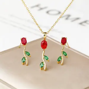 2PCS Sparkling Crystal Zircon Rose Flower Earrings Necklace Jewelry Set Elegant for Women Girls New Trend Party Jewelry Gift