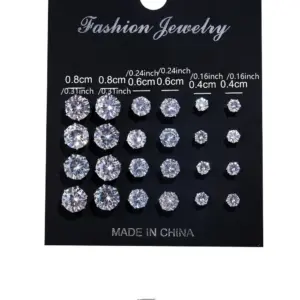 12 Pairs Set Stainless Steel Silver Color CZ Stud Earrings with Gemstone Buds Round Earrings Jewelry Accessories Unisex
