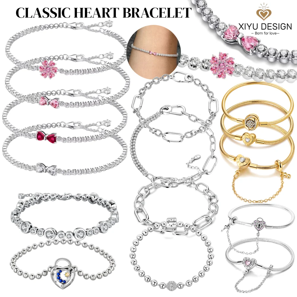 2025 Valentine New 925 Silver Pink Bow Full Diamond Bracelet Original 17-20CM Fit DIY Charm Women Birthday Jewelry Gifts