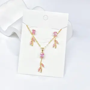2PCS Sparkling Crystal Zircon Rose Flower Earrings Necklace Jewelry Set Elegant for Women Girls New Trend Party Jewelry Gift