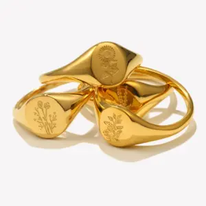 E.B.belle Tarnish Free Stainless Steel 18k Gold Plated Engraving Wildflower Tea Leaf Lavender Sunflower Signet Rings For Women