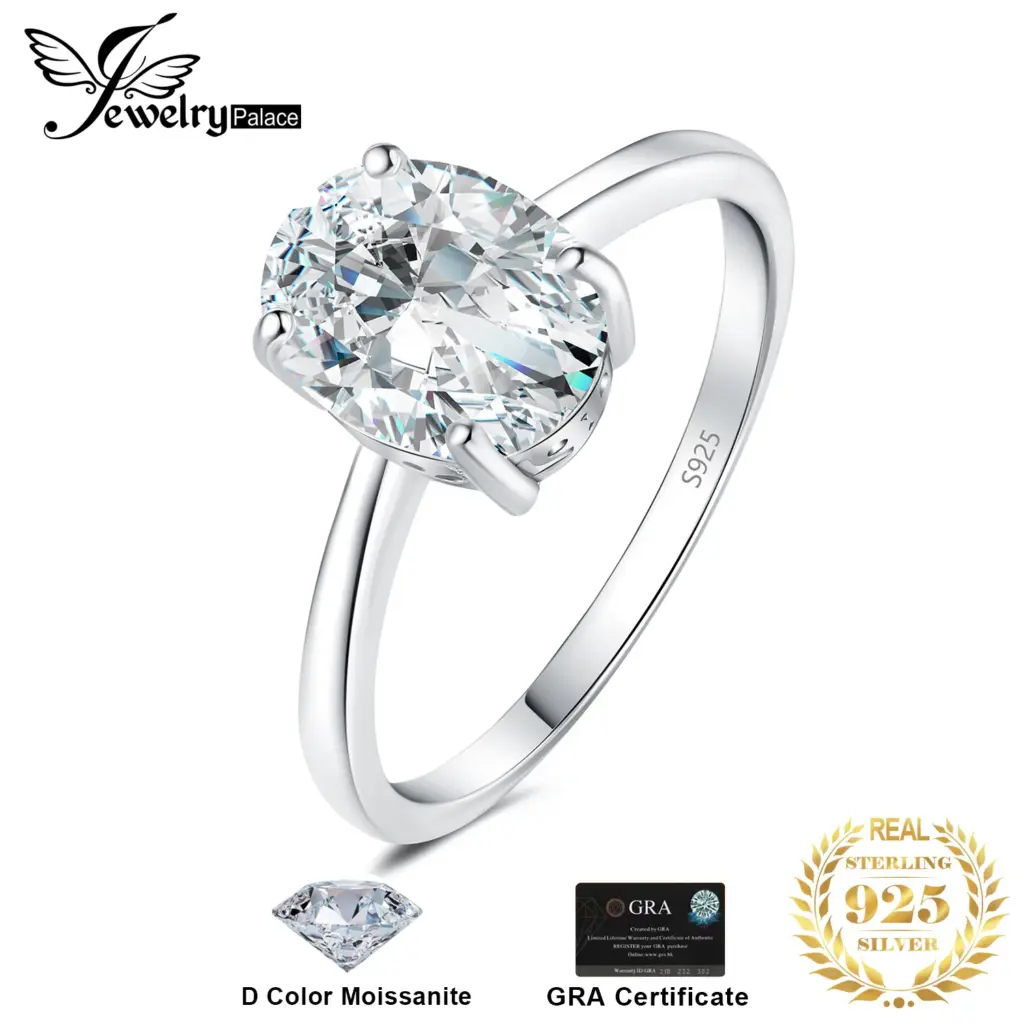 JewelryPalace Moissanite D Color 1ct 2ct Oval S925 Sterling Silver Solitaire Wedding Engagement Ring for Woman